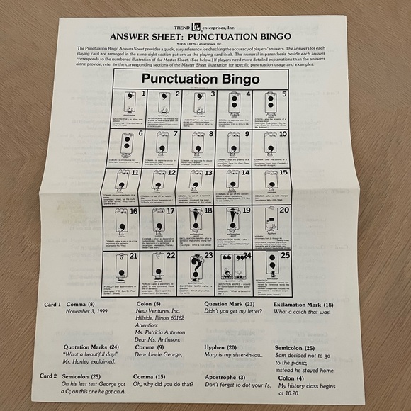 Vintage Punctuation Bingo English Classroom Homeschool Grammar Learning Game - Picture 7 of 8